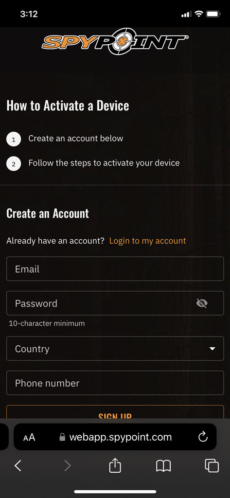 Comment créer un compte SPYPOINT sur le site web.