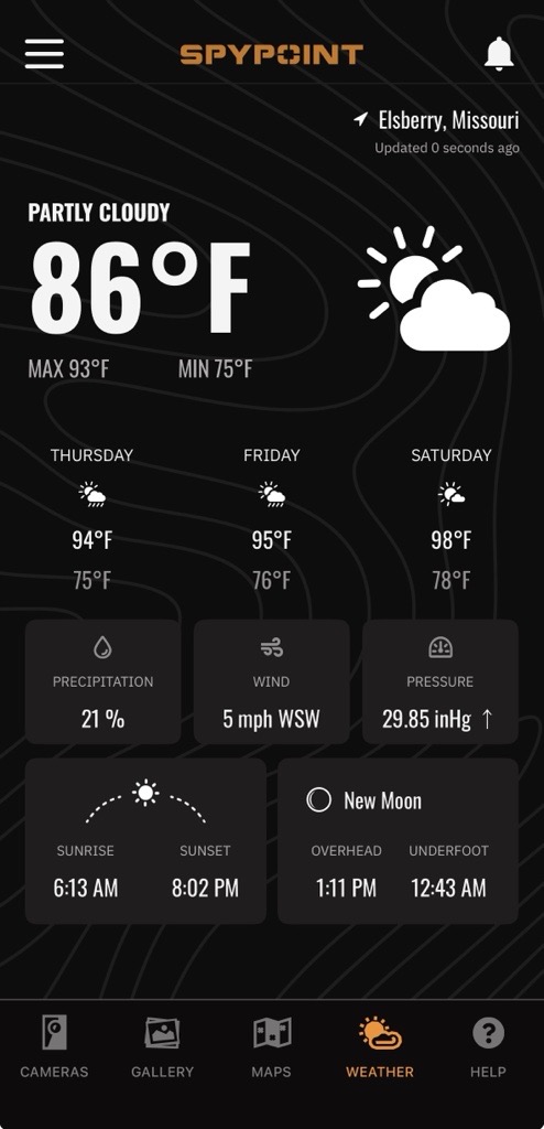SPYPOINT app weather screen showing temperature, forecast, wind, pressure, sunrise, sunset and moon phase information for hunters.