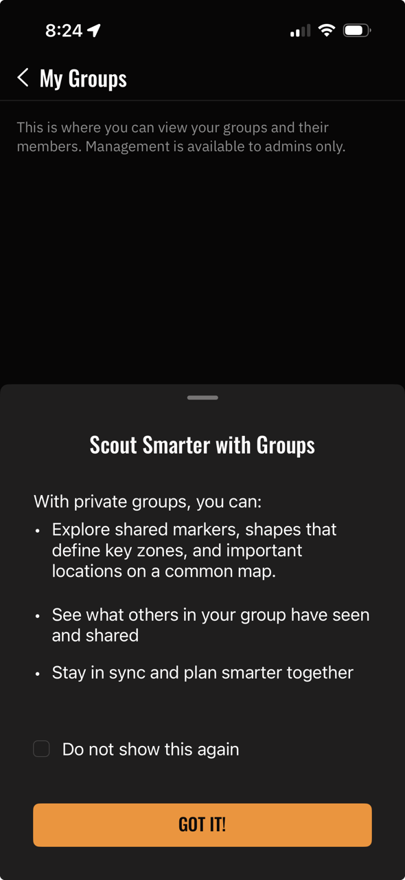 Blog-385_Image-3-SPYPOINT-App-Private-Groups PYPOINT app showing the private Groups feature for sharing map markers, key hunting areas and locations with other group members.