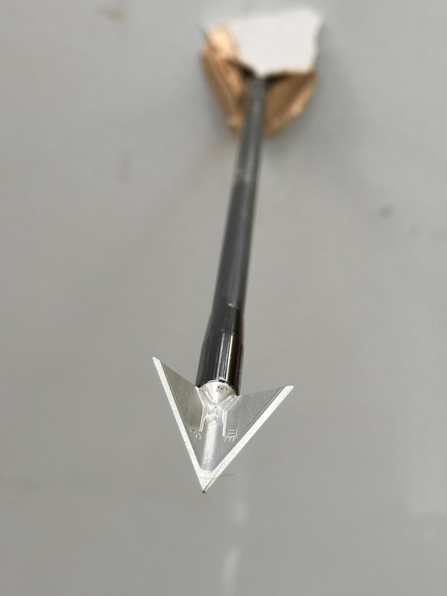Blog-387_Image-1-Fixed-Blade-Crossbow-Broadhead Close-up of a fixed-blade broadhead mounted on a crossbow bolt for hunting.